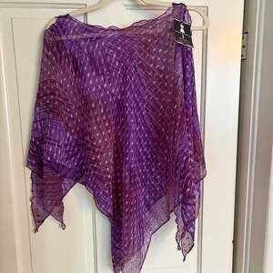 Attitudes Clothing Handcrafted Purple Geometric Sheer Poncho Cape Top